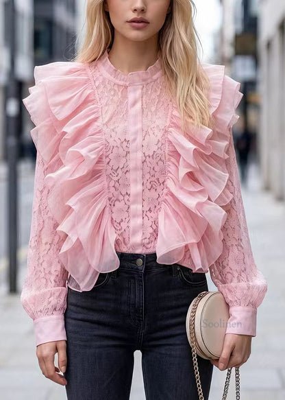 French Pink Ruffled Patchwork Lace Top Long Sleeve