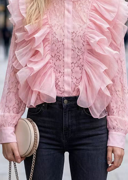 French Pink Ruffled Patchwork Lace Top Long Sleeve