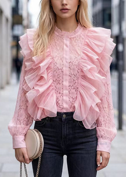French Pink Ruffled Patchwork Lace Top Long Sleeve