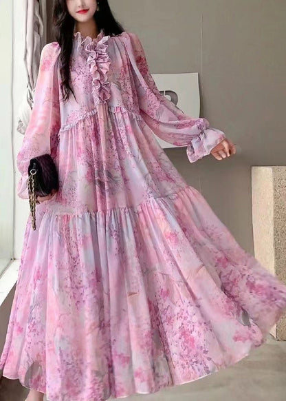 Französisch Rosa Rüschen Print Patchwork Chiffon Urlaub Kleider Sommer