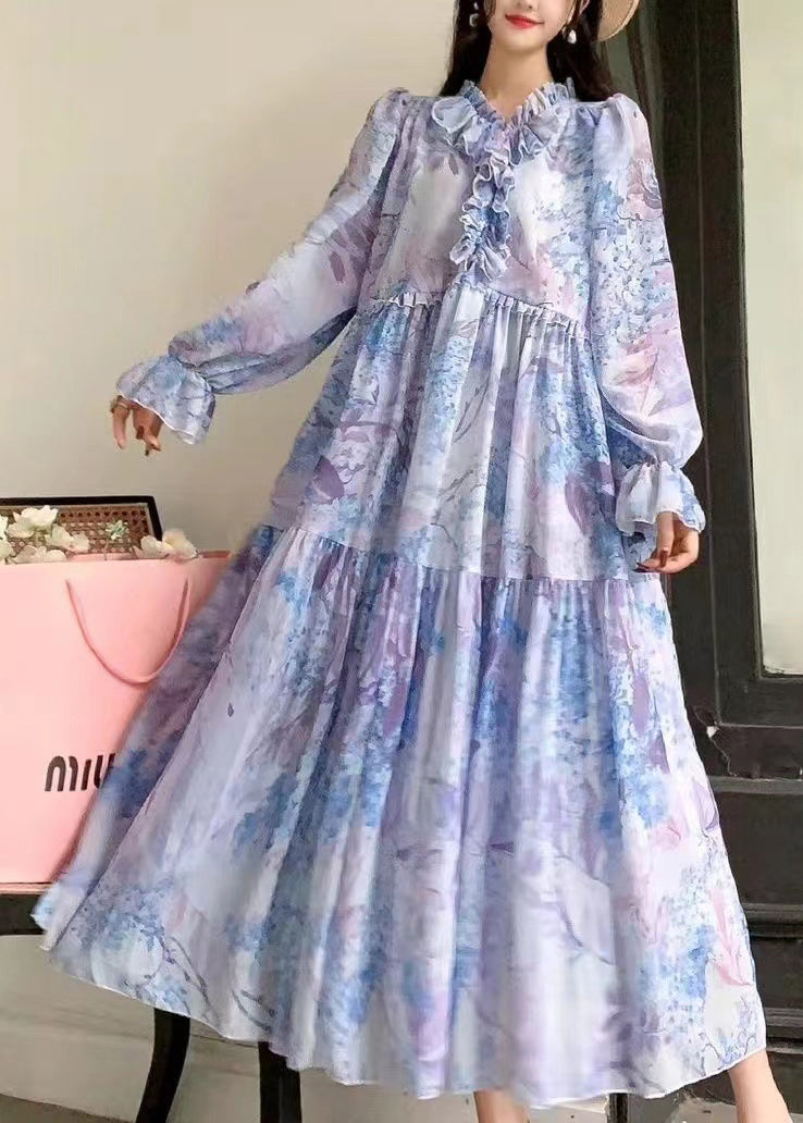 Französisch Rosa Rüschen Print Patchwork Chiffon Urlaub Kleider Sommer