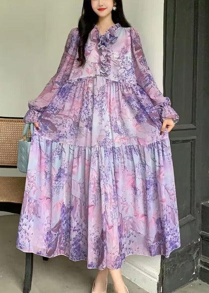 Französisch Rosa Rüschen Print Patchwork Chiffon Urlaub Kleider Sommer