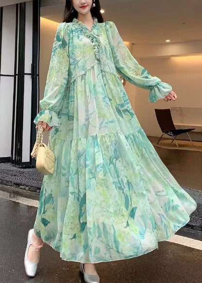 Französisch Rosa Rüschen Print Patchwork Chiffon Urlaub Kleider Sommer