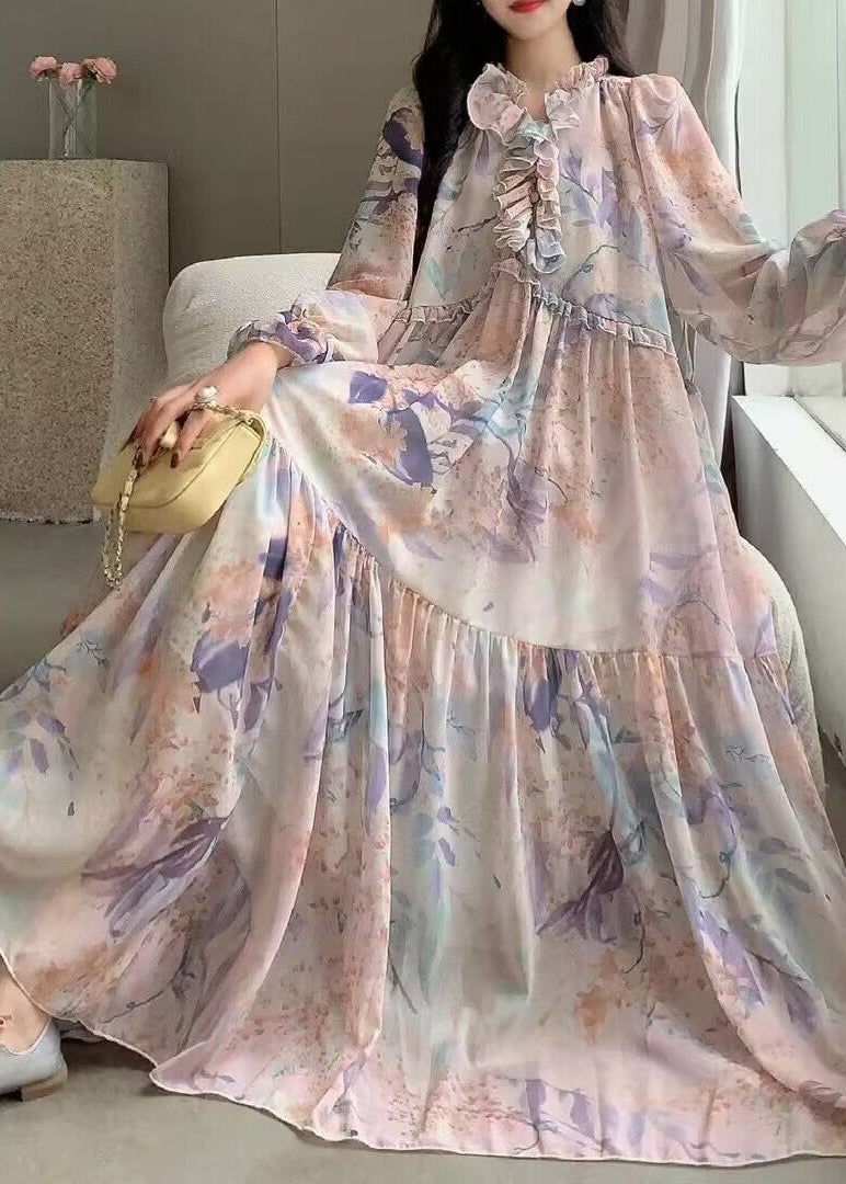 Französisch Rosa Rüschen Print Patchwork Chiffon Urlaub Kleider Sommer