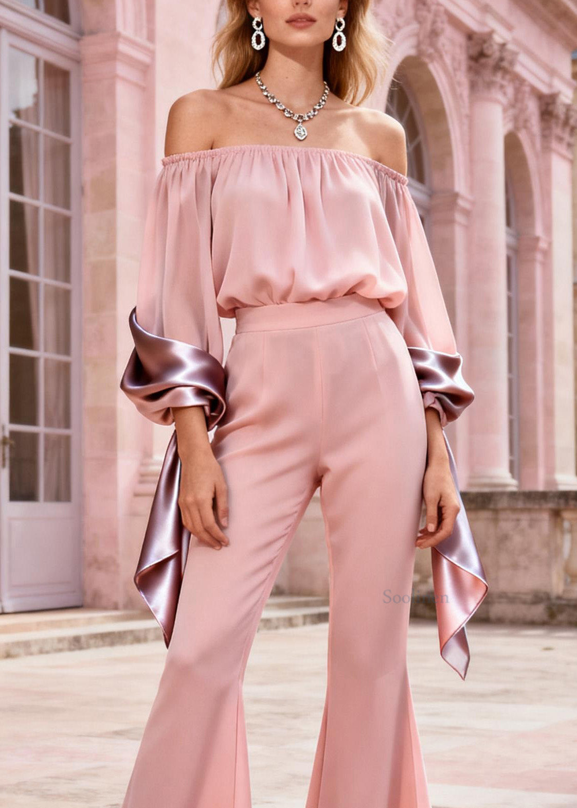 French Pink Slash Neck Patchwork Silk Two Pieces Set Summer