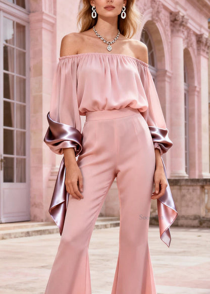 French Pink Slash Neck Patchwork Silk Two Pieces Set Summer