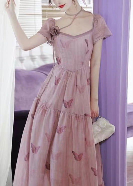 Französisches rosa Chiffonkleid mit quadratischem Kragen und Schmetterlingsdruck, Sommer