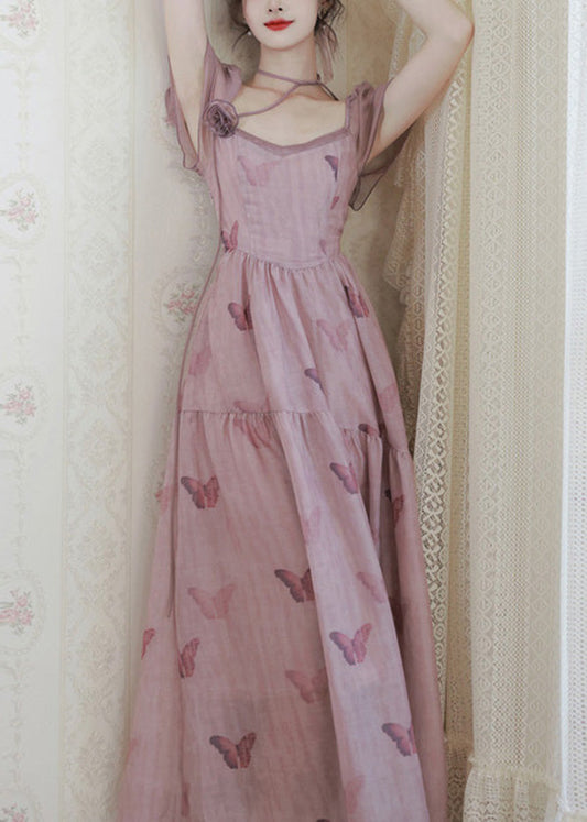 Französisches rosa Chiffonkleid mit quadratischem Kragen und Schmetterlingsdruck, Sommer