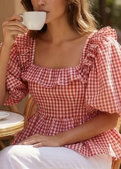 French Pink Square Collar Ruffled Plaid Puff Sleeve Cotton Top