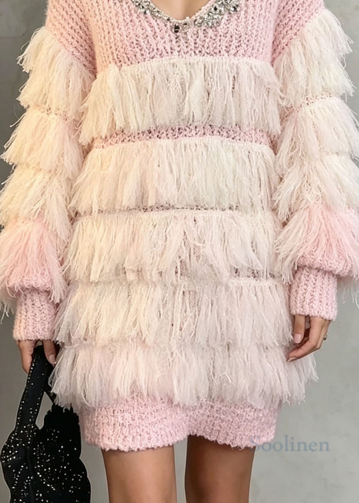 French Pink Tassel Zircon Patchwork Knit Long Sweaters Fall