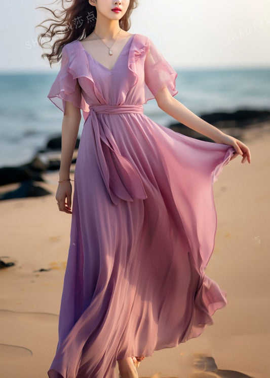Französisches rosa Patchwork-Chiffonkleid mit Bindegürtel und Schmetterlingsärmeln