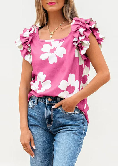 French Pink U Neck Print Cotton Tops Butterfly Sleeve