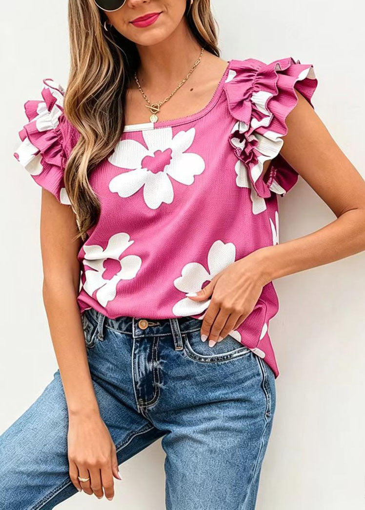 French Pink U Neck Print Cotton Tops Butterfly Sleeve