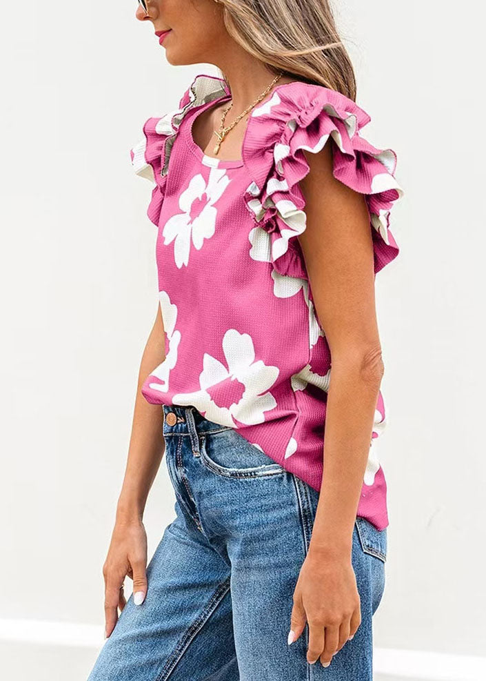 French Pink U Neck Print Cotton Tops Butterfly Sleeve