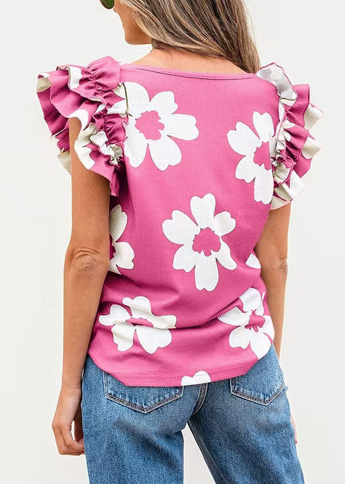 French Pink U Neck Print Cotton Tops Butterfly Sleeve