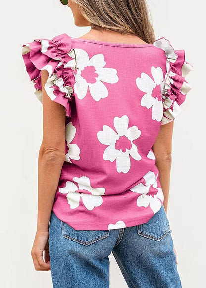 French Pink U Neck Print Cotton Tops Butterfly Sleeve