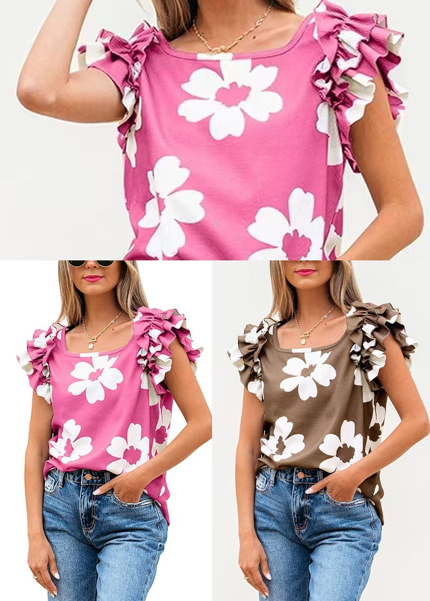 French Pink U Neck Print Cotton Tops Butterfly Sleeve