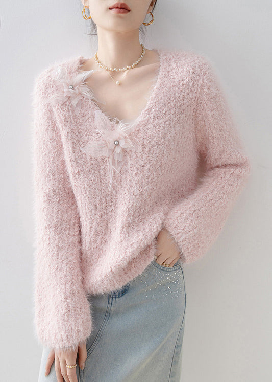 French Pink V Neck Floral Knit Sweater Tops Spring