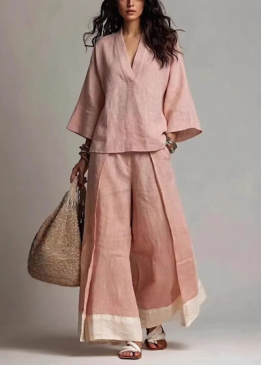 French Pink V Neck Oversized Cotton Two Pieces Set Fall