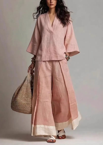 French Pink V Neck Oversized Cotton Two Pieces Set Fall