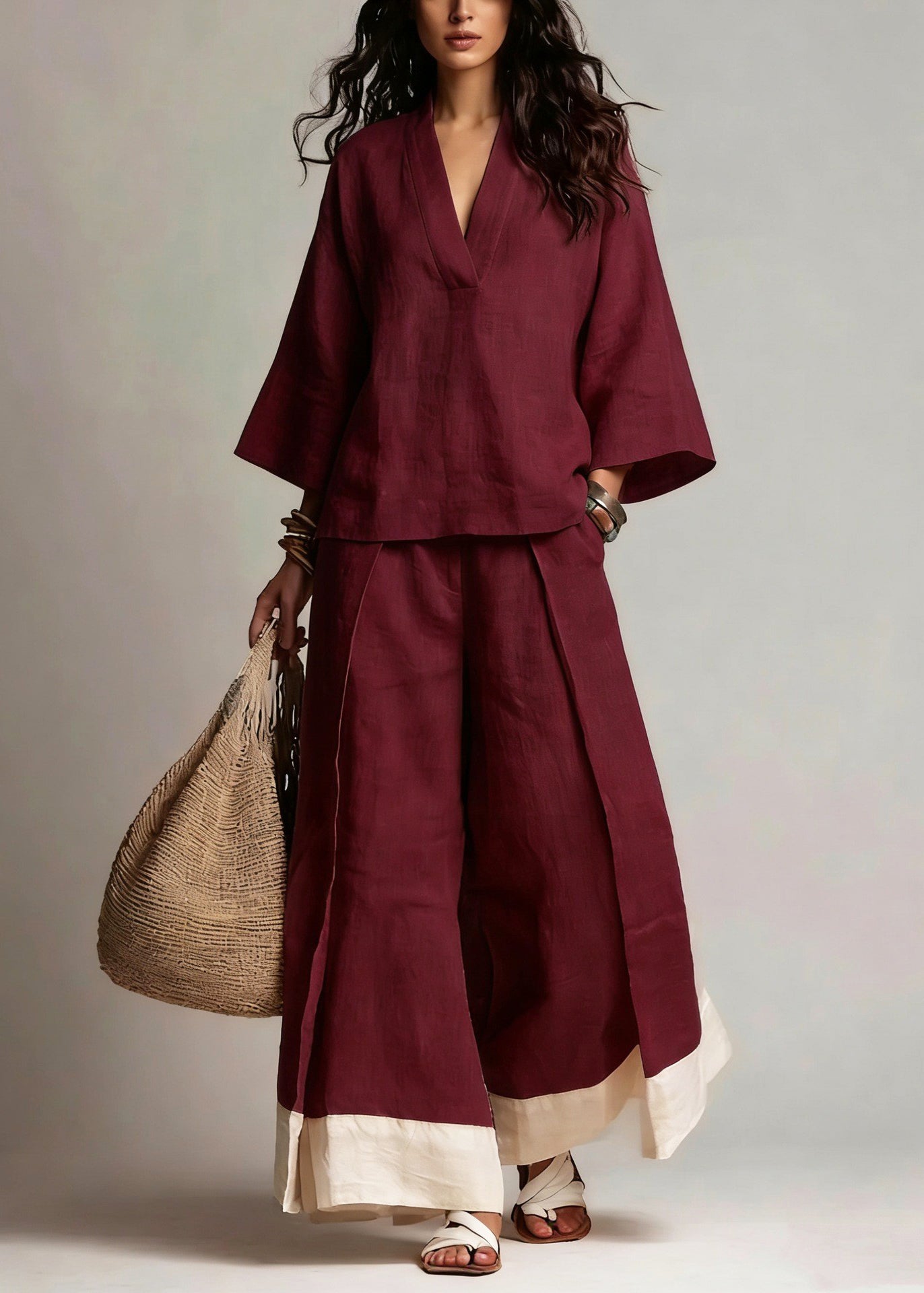 French Pink V Neck Oversized Cotton Two Pieces Set Fall