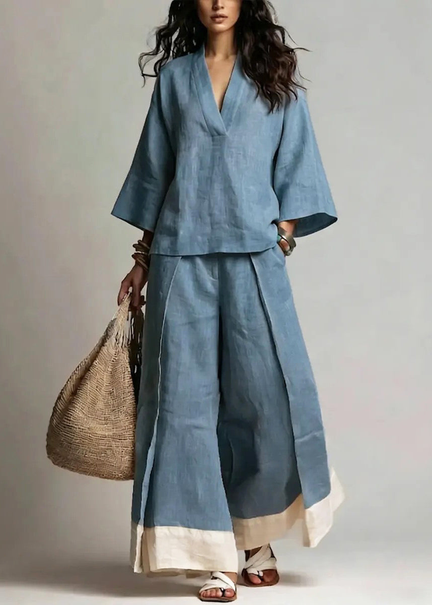 French Pink V Neck Oversized Cotton Two Pieces Set Fall