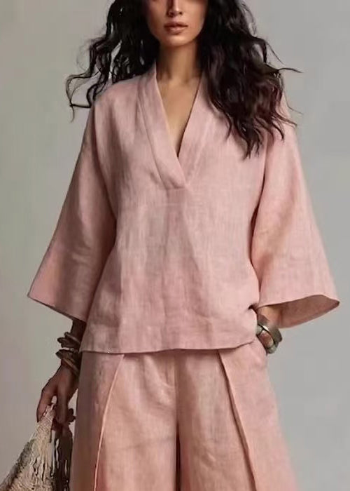 French Pink V Neck Oversized Cotton Two Pieces Set Fall
