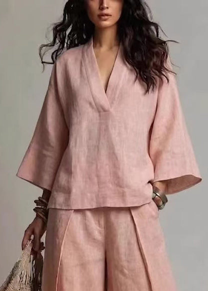 French Pink V Neck Oversized Cotton Two Pieces Set Fall