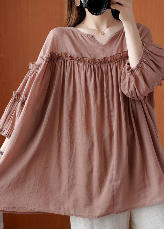 French Pink V-Ausschnitt Patchwork Herbst Dreiviertelärmel Shirt Top