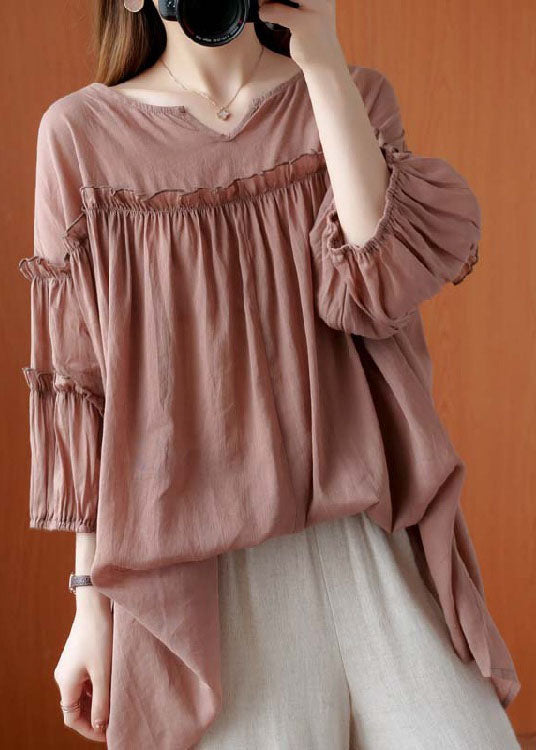 French Pink V-Ausschnitt Patchwork Herbst Dreiviertelärmel Shirt Top