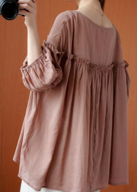 French Pink V-Ausschnitt Patchwork Herbst Dreiviertelärmel Shirt Top