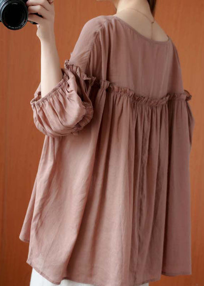 French Pink V-Ausschnitt Patchwork Herbst Dreiviertelärmel Shirt Top