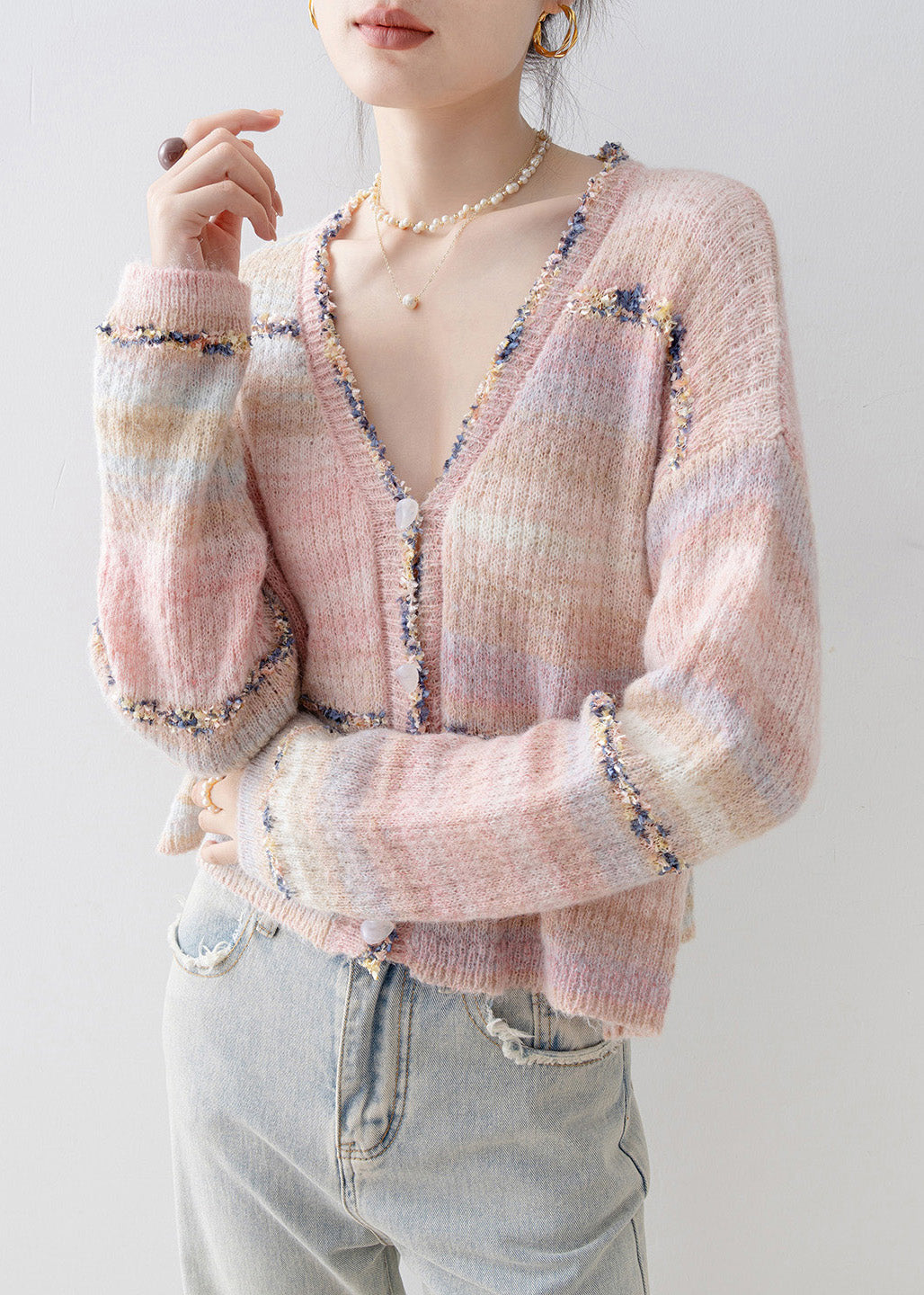 French Pink V Neck Patchwork Knit Short Coat Spring