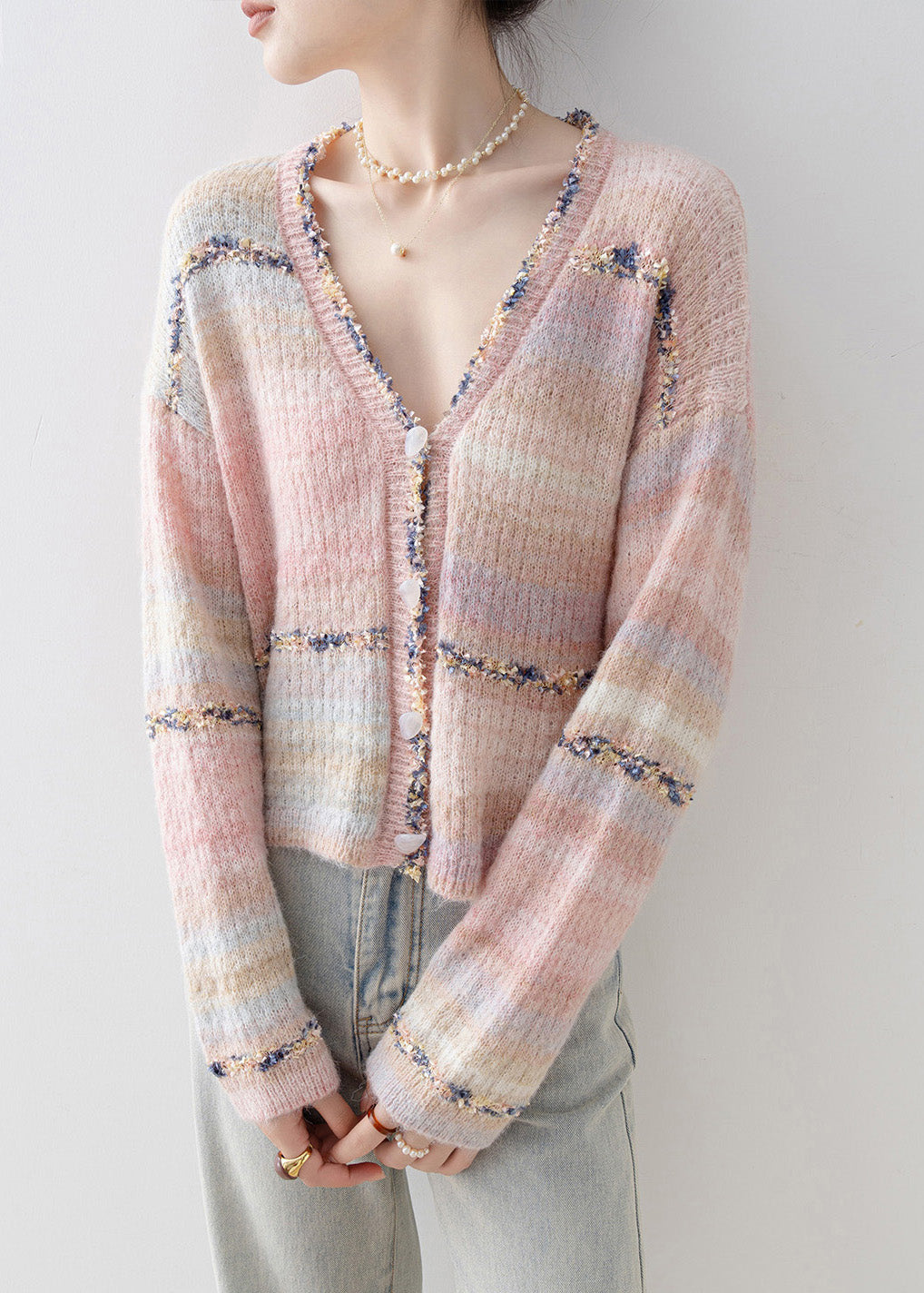 French Pink V Neck Patchwork Knit Short Coat Spring