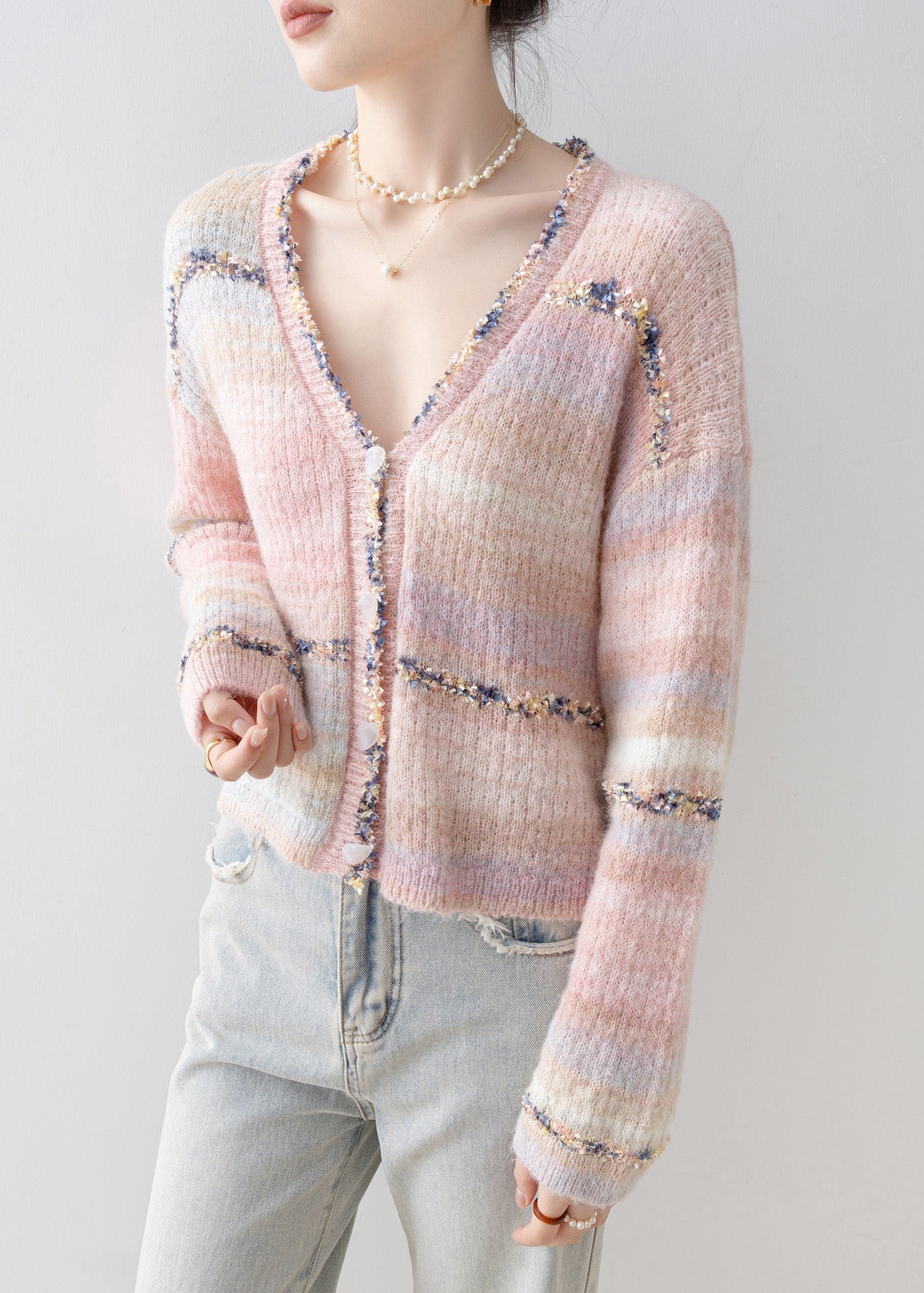 French Pink V Neck Patchwork Knit Short Coat Spring