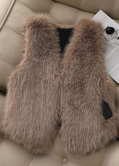 French Pink V Neck Pockets Faux Fur Vest Sleeveless