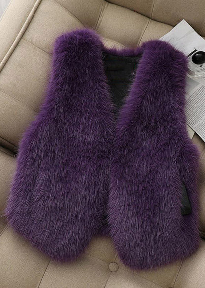 French Pink V Neck Pockets Faux Fur Vest Sleeveless