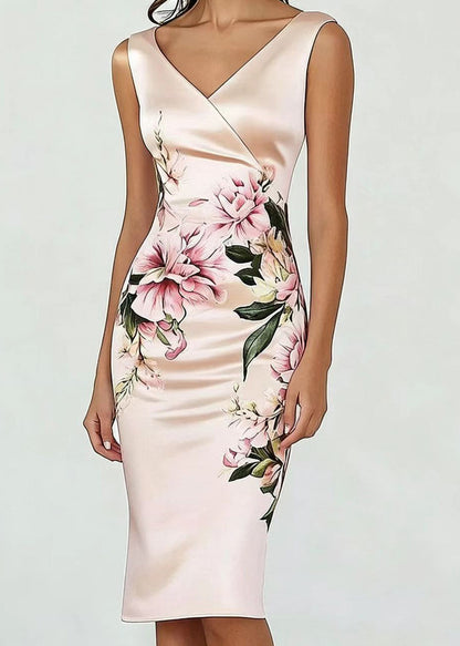 French Pink V Neck Print Silk Party Dress Sleeveless