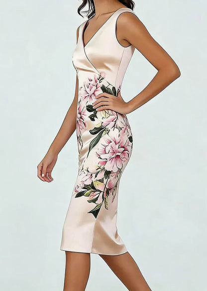 French Pink V Neck Print Silk Party Dress Sleeveless