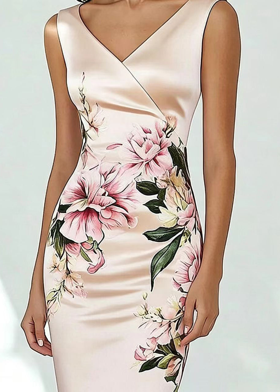 French Pink V Neck Print Silk Party Dress Sleeveless