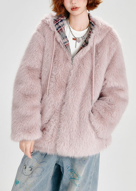 French Pink Zip Up Pockets Faux Fur Fluffy Hooded Coat Winter