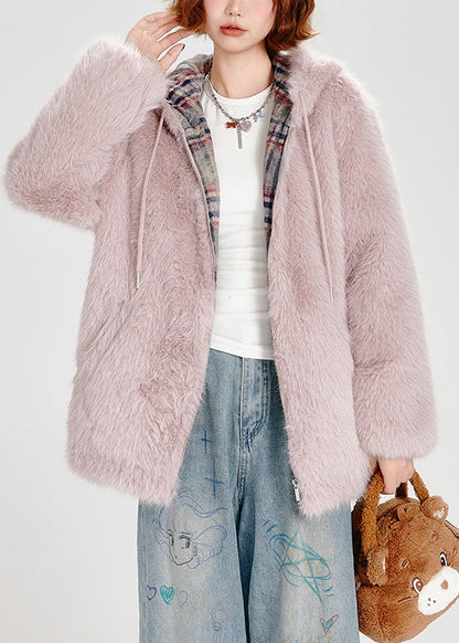 French Pink Zip Up Pockets Faux Fur Fluffy Hooded Coat Winter