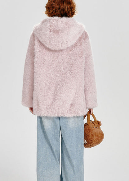 French Pink Zip Up Pockets Faux Fur Fluffy Hooded Coat Winter