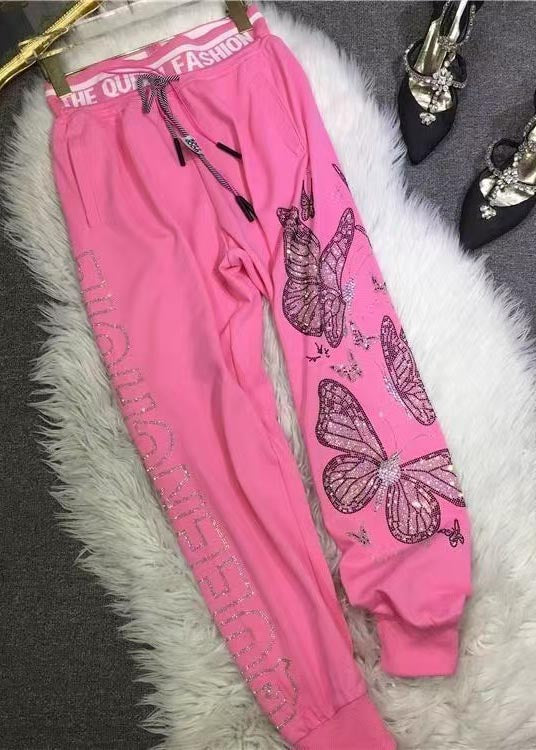 French Pink Zircon Butterfly Cotton Pants Fall
