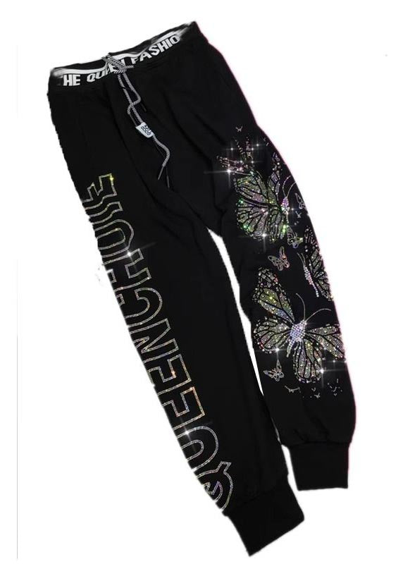 French Pink Zircon Butterfly Cotton Pants Fall