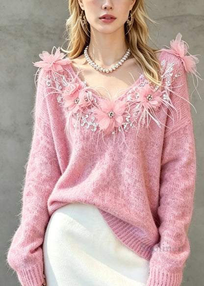 French Pink Zircon Feather Floral Knit Short Sweater Fall