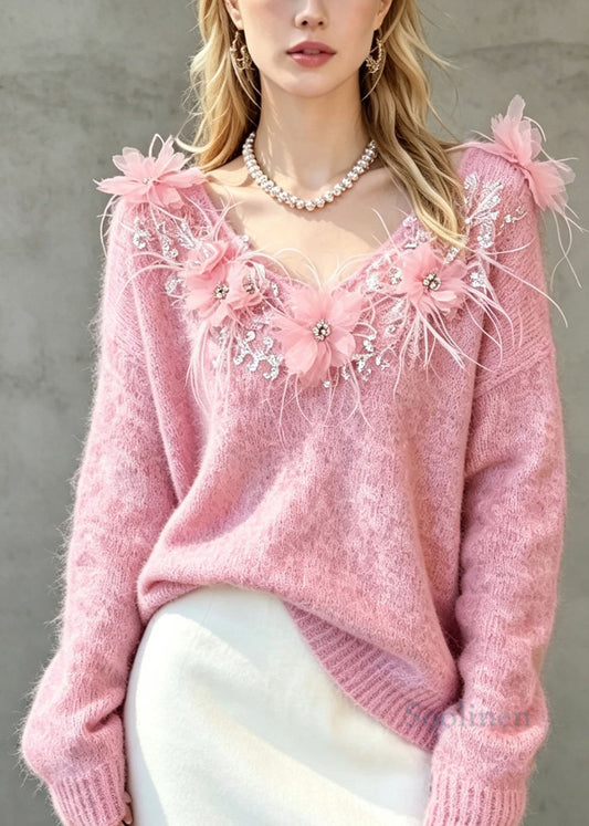 French Pink Zircon Feather Floral Knit Short Sweater Fall