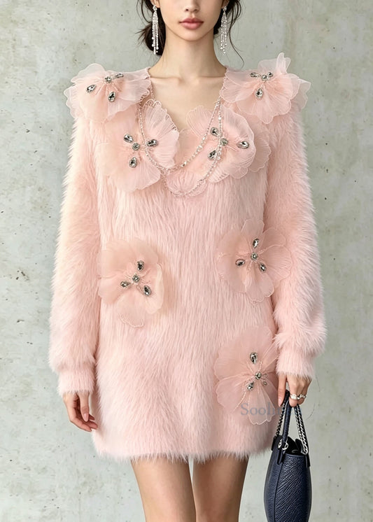 French Pink Zircon Floral Mink Hair Knit Sweater Fall