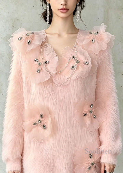 French Pink Zircon Floral Mink Hair Knit Sweater Fall