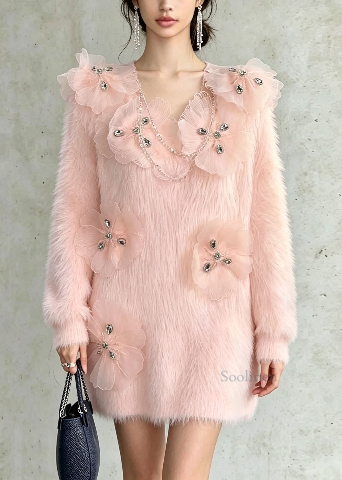French Pink Zircon Floral Mink Hair Knit Sweater Fall